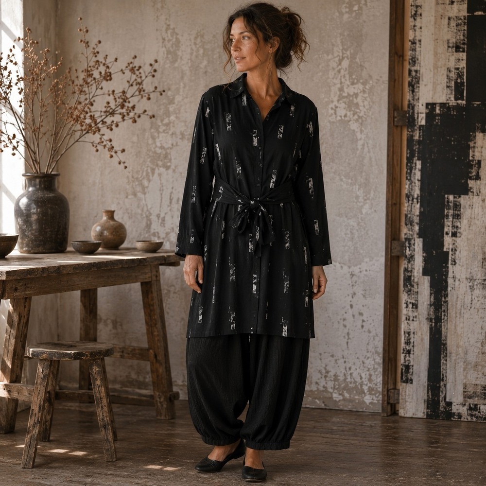 Snapdragon & Twig Ronnie Shirt Dress XL Black Bamboo Tie Waist Lagenlook Artsy